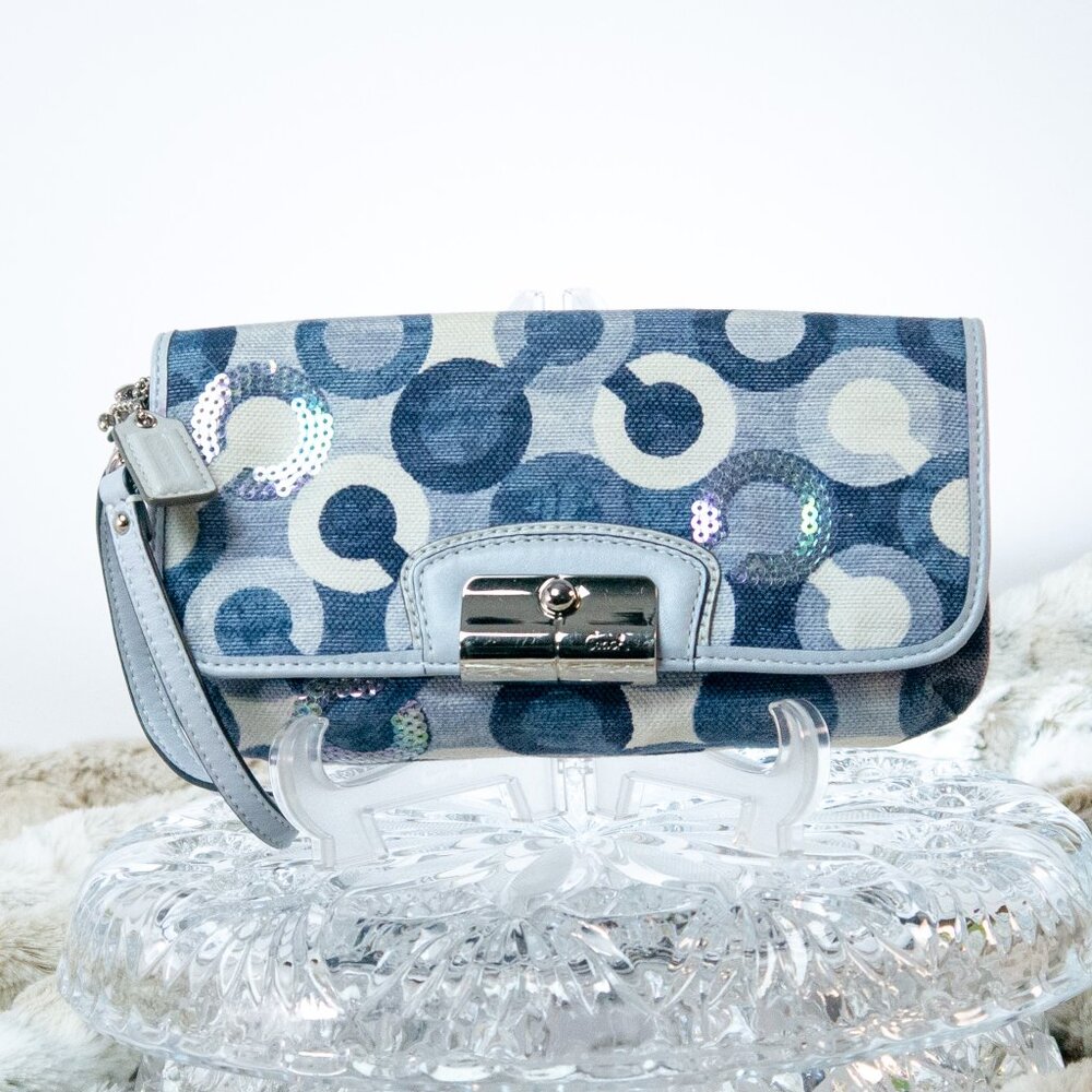 Y2K Coach Kristin Op Art Silver/Blue Denim/Multi 43724 Large Wristlet w Sequins